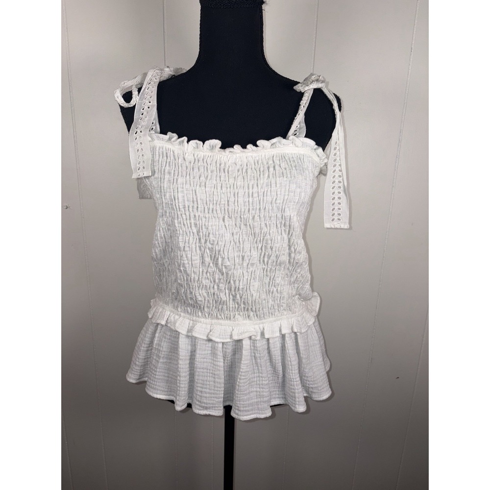 eri + ali top white smocked eyelet‎ tie straps XL anthropologie